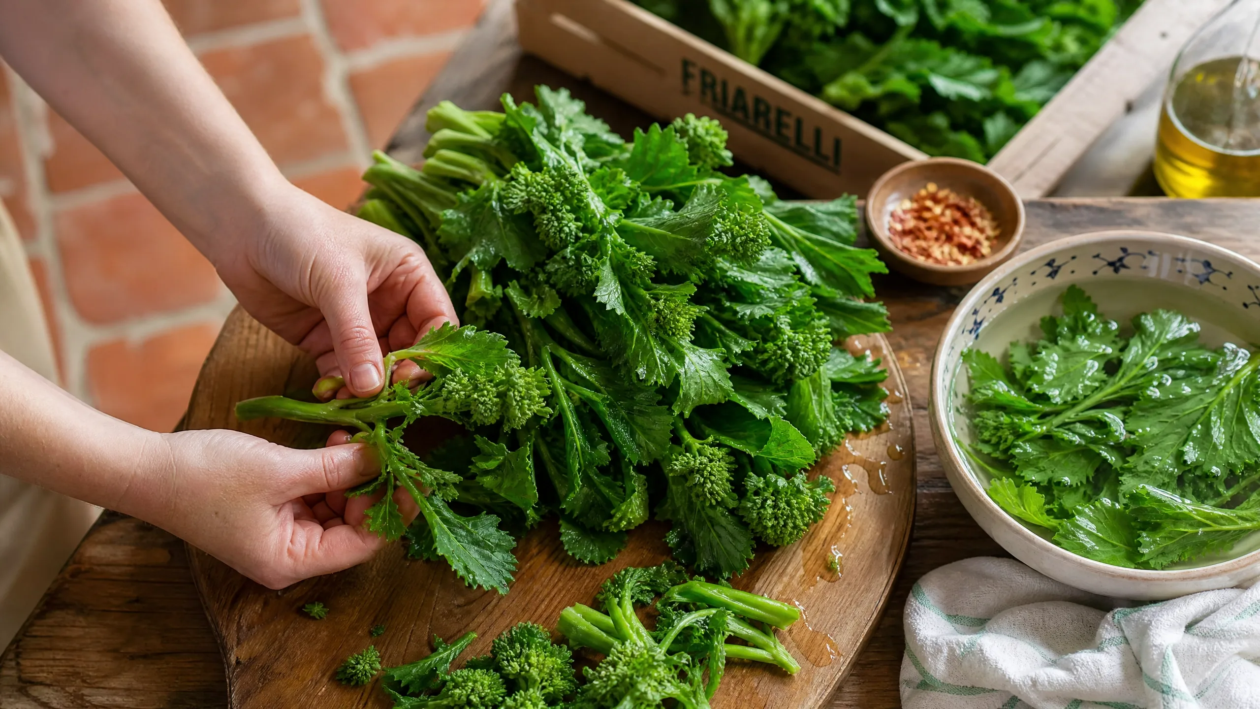 Mani che puliscono cime di rapa fresche su un tagliere