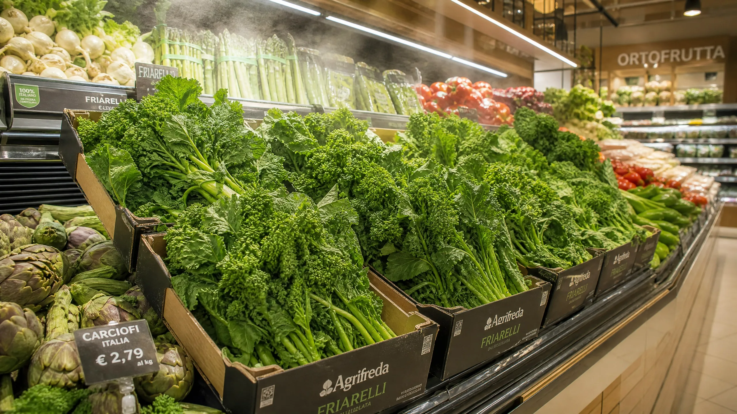 Friarielli esposti nel reparto ortofrutta di un punto vendita